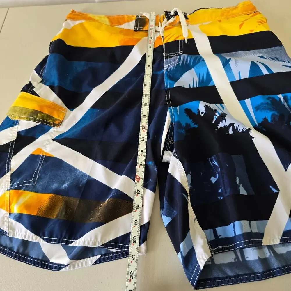 Maui Waves Swim Trunks Men's 2XL Blue Gold Tropical Mesh Lining Tie Front Pocket